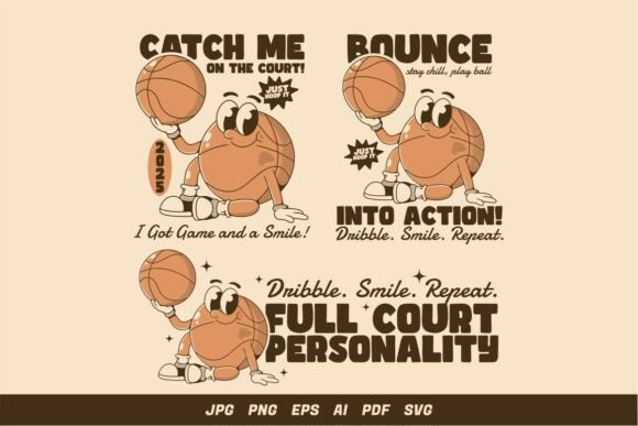 3 Retro Cartoon Basketball Character Graphics