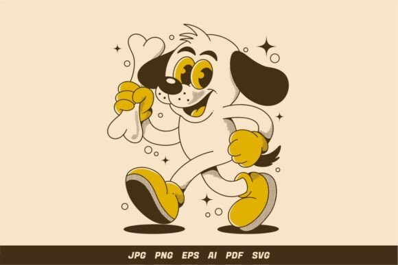 Retro Cartoon Dog Holding Bone Character Graphics